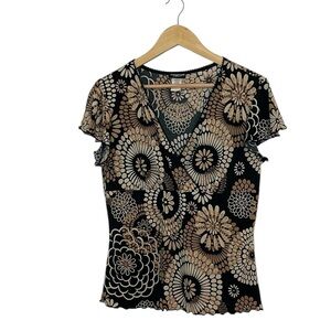 Y2K 2010s Top, Brown, beige, cream flowers, Perception Concept, Large